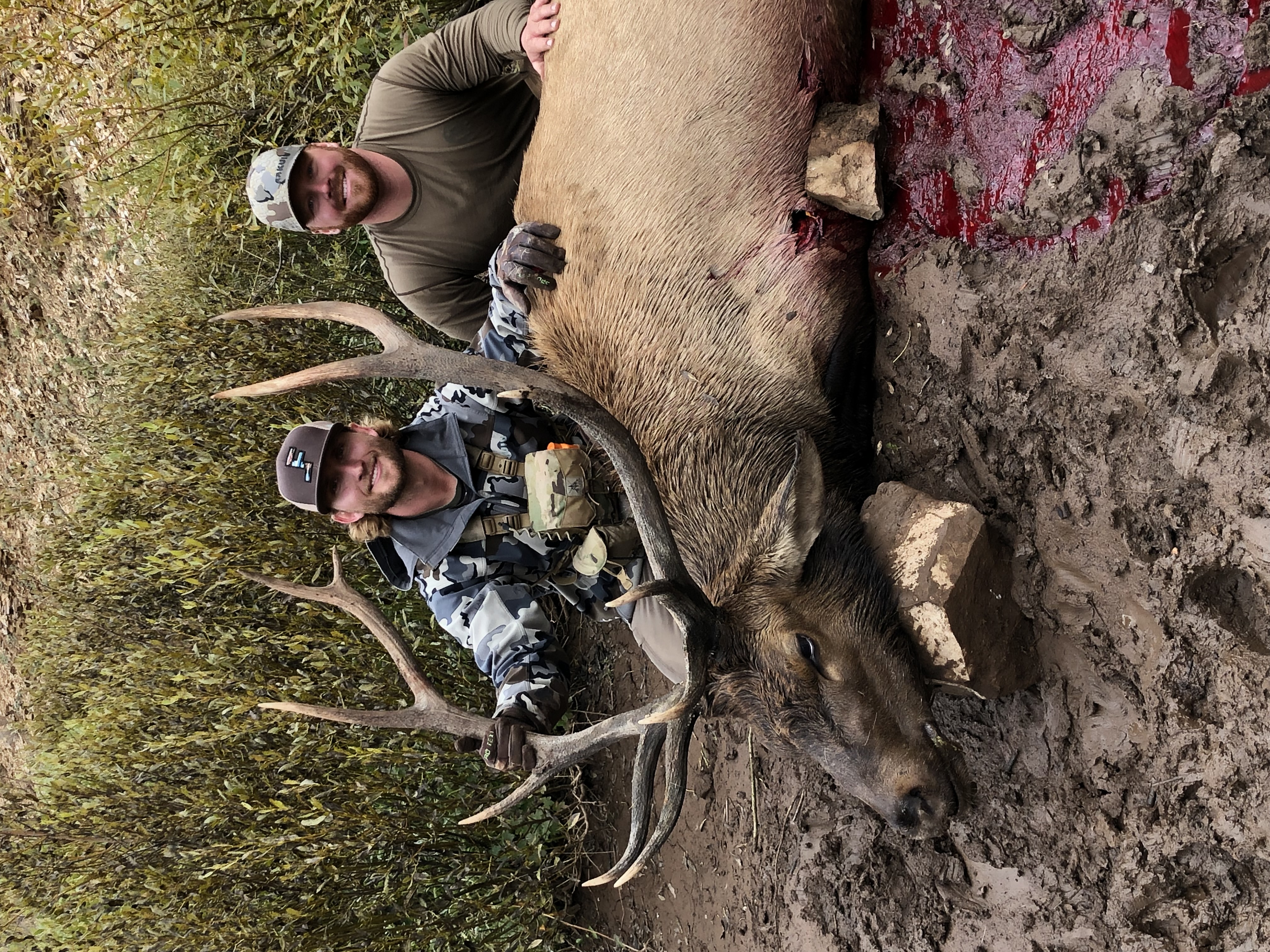 Hunter carrying elk antlers in the field